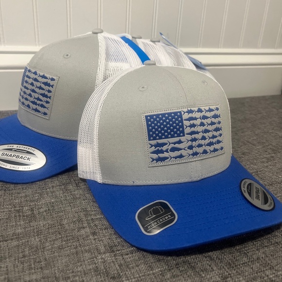 Columbia Men's PFG Fishing Mesh Snapback Fish Flag Hat Cool Grey/Wht/Vivid Blue - Picture 3 of 7